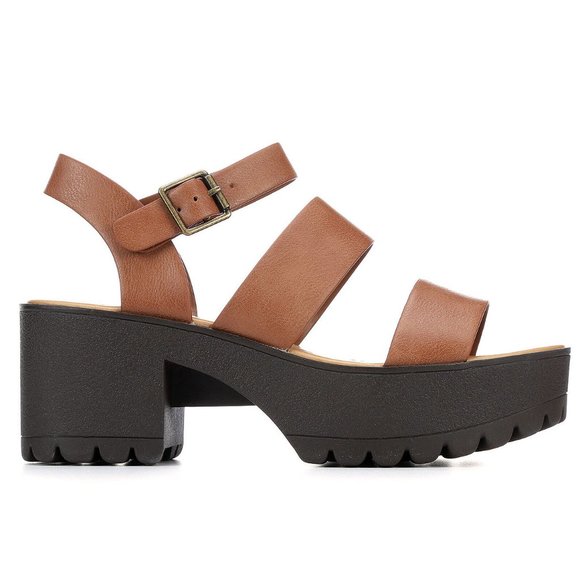 New Brown Band Platform Chunky Lug Heel Sandals - Picture 1 of 5
